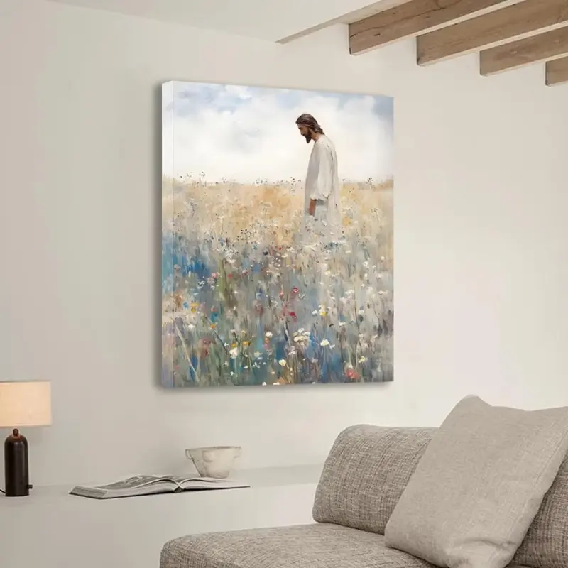 Framed Jesus Leaves the 99 Christian Canvas Wall Art Inspirational Painting of Jesus in Autumn Wildflowers Religious Faith Art Picture Print Christian Décor for Home Living Room and Church12x16in Decor Ornaments