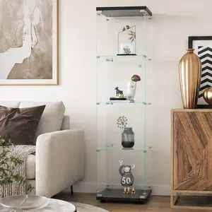 ARCH Glass Display Cabinet with Door 4 Shelves Floor Standing Curio Bookshelf for Living Room Bedroom Office, 64.7"H x 16.7"L x 14.3"W, Black Tempered Glass and Particle Board, Large Capacity Storage for Photos Books Action Figures Wine Whiskey