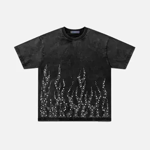 AELFRIC EDEN Unisex T-shirt, Casual Streetwear with Rhinestone Flame Graphic, Heavyweight Cotton, Vintage Wash Loose Fit
