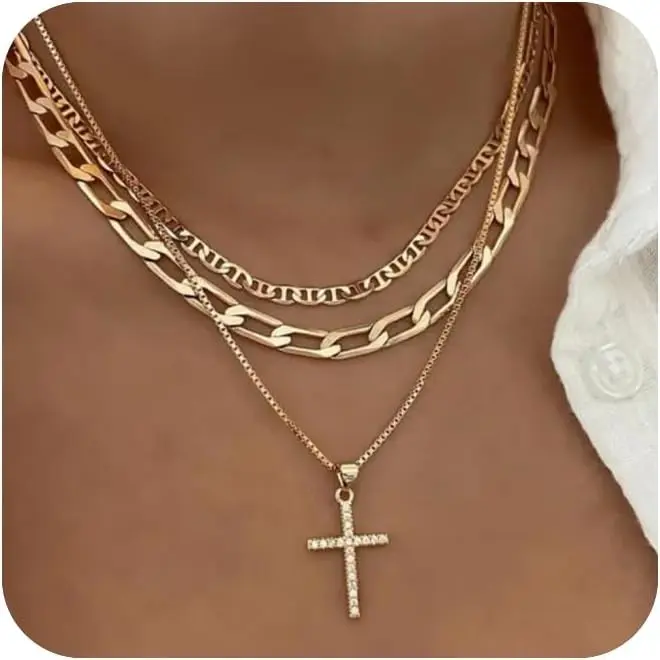 Women's Elegant 3-Piece Gold-Plated Brass Material Necklace Set - 17.7in Paperclip Choker, C-Link Mariner Chain, Cross Pendant, Dainty Costume Jewelry for Birthday Gifts (3 Necklaces Total)