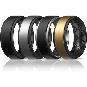 Men's Flexible & Liquid Silicone Rings - 1/4/5/6/7 Multipack, Breathable Rubber Wedding Bands, Step Edge Design, Flexible Silicone Rings