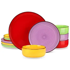 vancasso Bonita Blue/Multicolor Dinnerware Sets, Plates and Bowls Set for 4, 12 Pieces Stoneware Dinnerware Set, Dishwasher and Microwave Safe Tableware