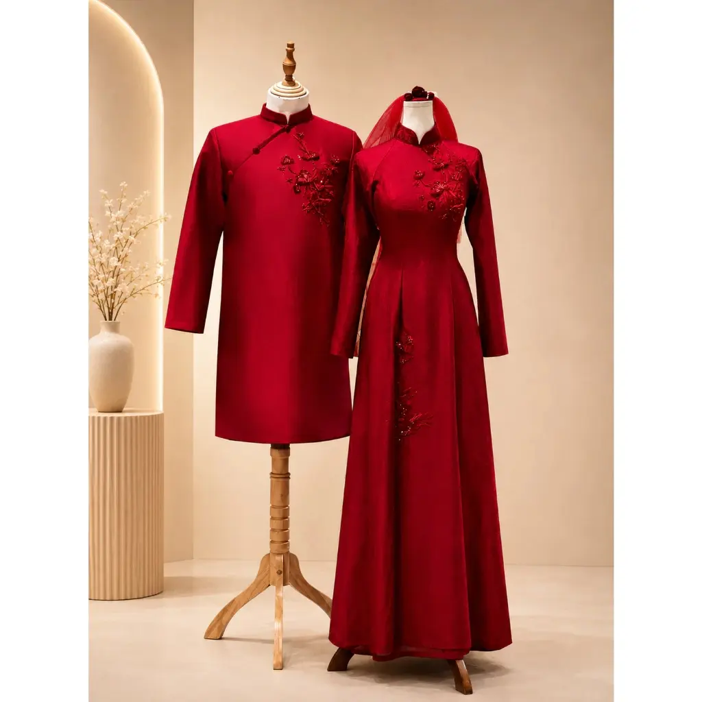 Traditional Vietnamese Couple Ao Dai Set – Elegant Red Wedding Matching Outfit