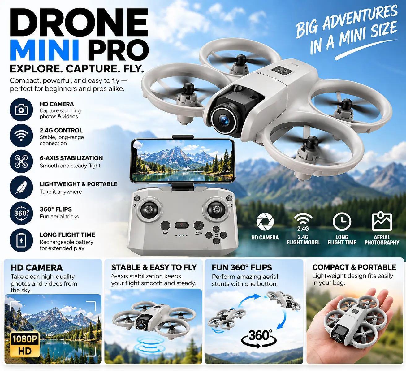 $179.99 MSRP Drone Mini Pro HD Camera Drone w/ Remote Controller