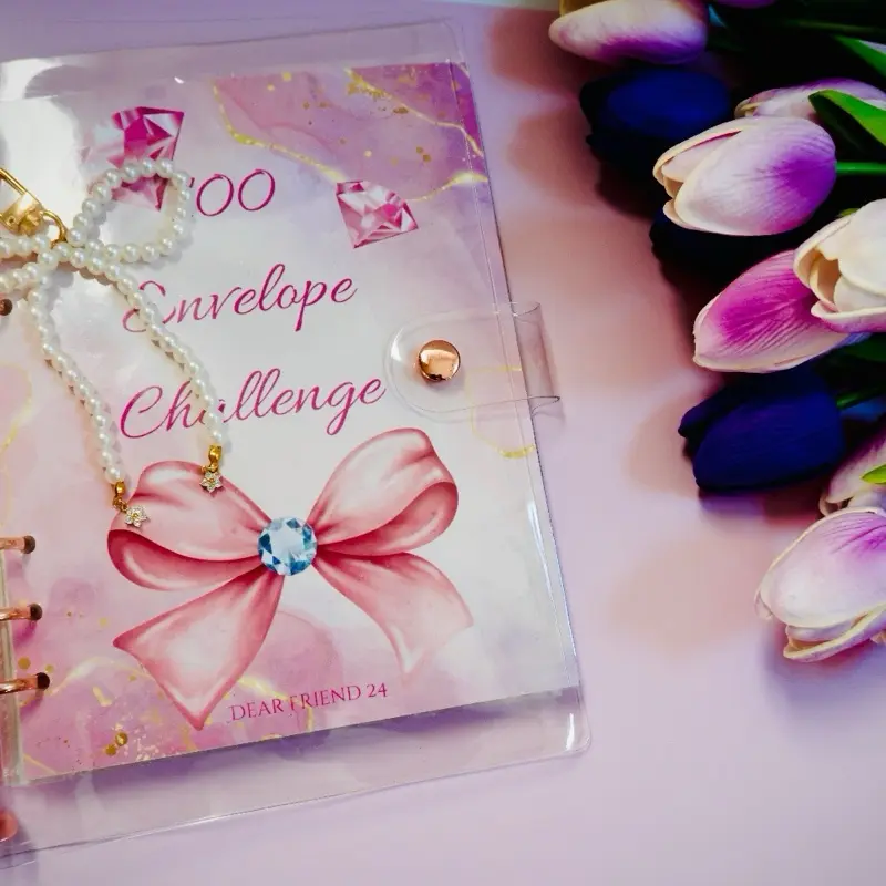 Bloom24&Co 100 Envelope Savings Challenge Pink Girlies - Save $5050 with Stylish Bow Design and Pearl Accents