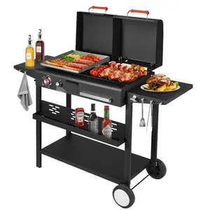 BESTFIRE 2-in-1 Dual-Fuel Grill & Flat Top Combo, Portable Stainless Steel BBQ with Cast Iron Griddle, Propane & Charcoal Burners, Side Shelves for Backyard & Outdoor Cooking camp home patio backyard