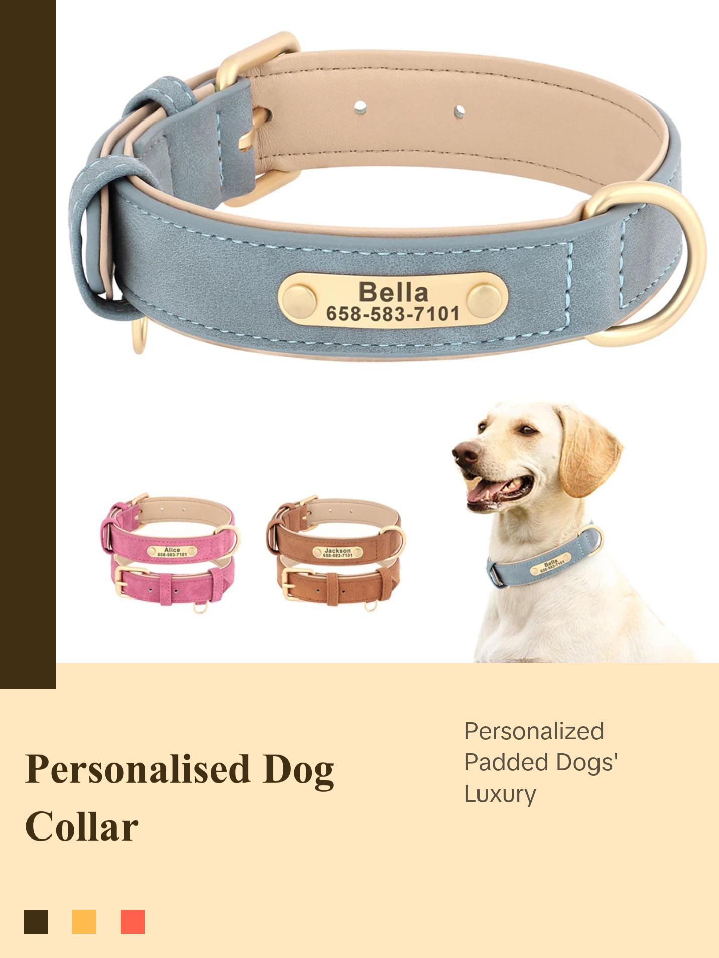 New Soft Padded Personalized PU Leather Dog Collar with Free Engraved ID Tag for Small, Medium and Large Dogs - Ideal for Pugs a