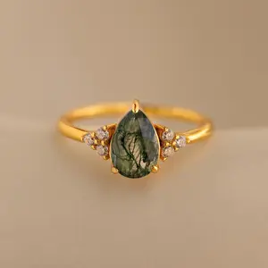 Agate Teardrop Ring by Caitlyn Minimalist - Vintage Style Moss Agate & Diamond Ring - Art Deco Jewelry - Anniversary Gift for Her