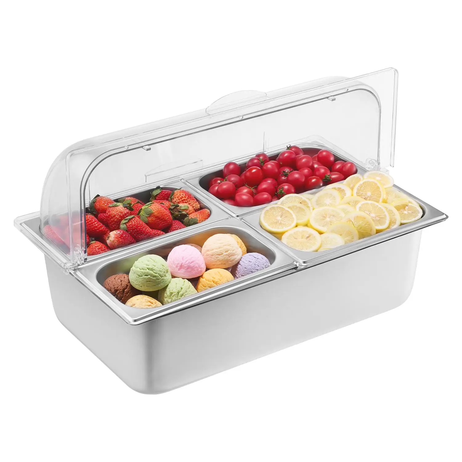 VEVOR Countertop Food Serving Display Container 4 Pan Condiment Dispenser with Lid