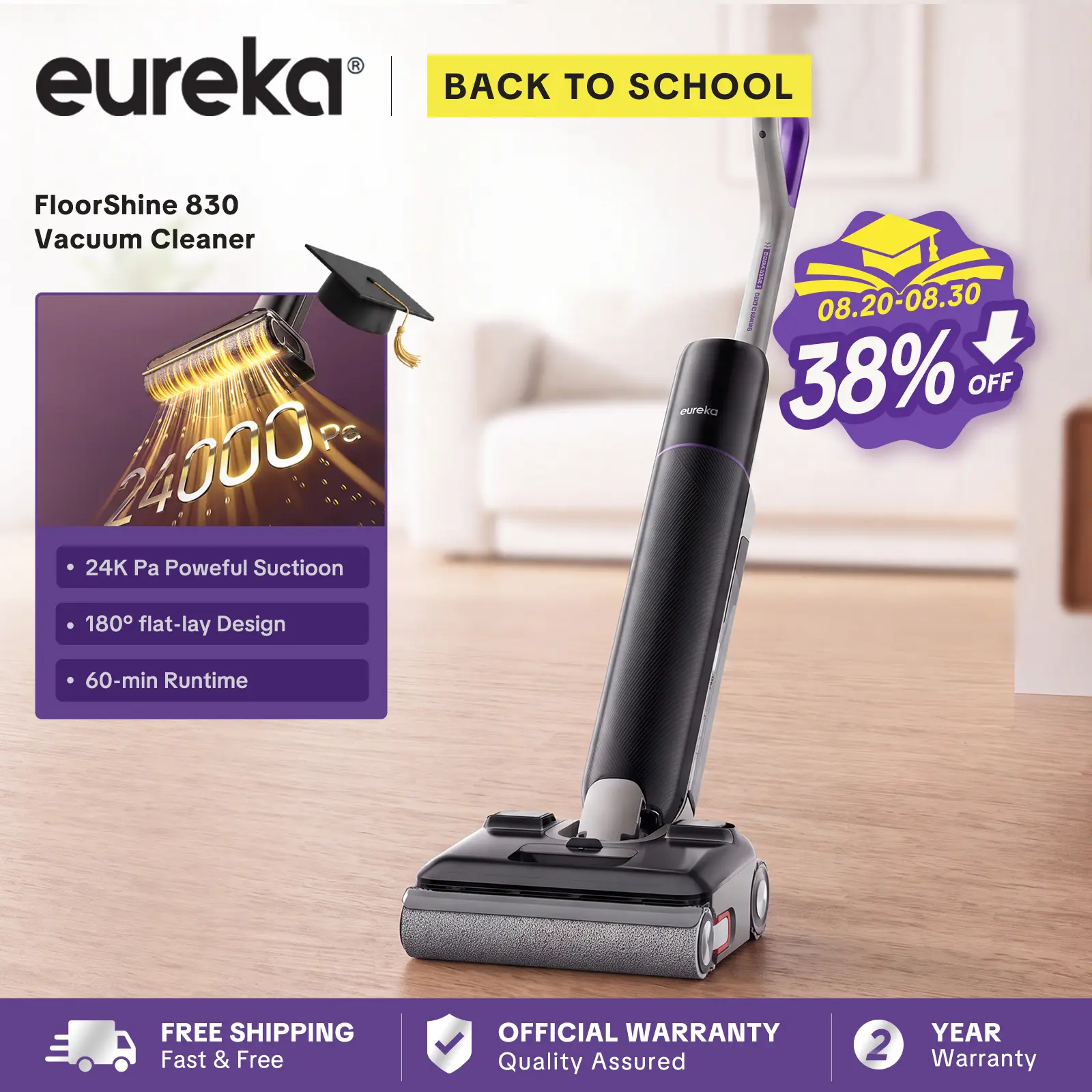 Eureka FloorShine 830 Vacuum Cleaner 24000Pa, Cordless Floor Scrubber Flat Design 180° 13.7 cm, Anti-Tangle, Edges on 3 Sides, for Houses with Animals, 60 Min Autonomy
