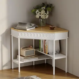 Modern Corner Office Table White Triangle - Rotating Storage Drawer & Open Shelves, Also Living Room Side Table