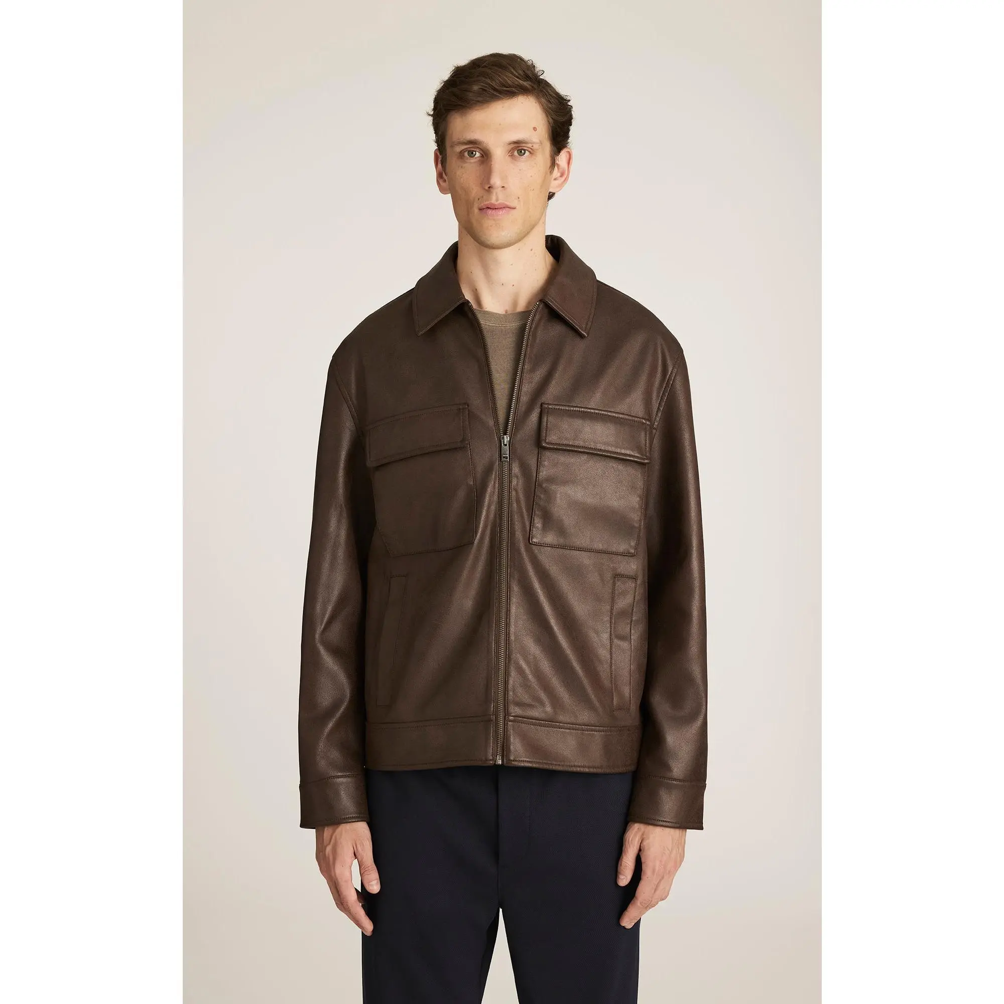 Men's Regular Classic Straight Faux Leather Collared Harrington Jacket - Demitasse, Fabric, Hidden Zipper, Menswear Tops & Coats, Plain Design