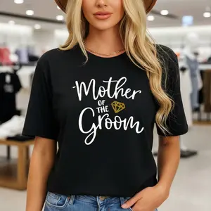 Women's Mother Of The Groom Graphic Tee, Pure Cotton Short Sleeve Round Neck T-Shirt, Casual Loose Fit Bridal Party Top,Wedding Family Celebration Apparel, Black