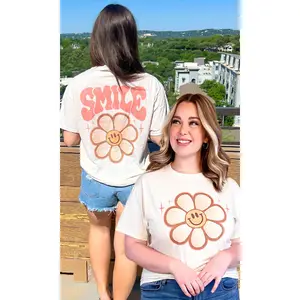 Tees2urdoor Women's Cotton Round Neck Graphic Short Sleeve Daisy T-Shirt - Retro Cute Flower Casual Streetwear Top, Lightweight Fabric, Fits Cardigans, Ideal for Everyday Wear