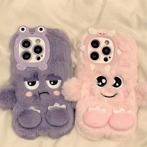 Cute Pink Purple Plush Monster Shockproof Protector Cover Compatible With iPhone 11 - 15 Pro Max Devices, Phone Cases, Phone Protection Accessories