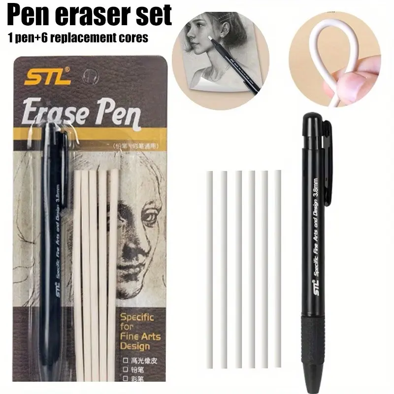 3.8mm Click Eraser Pen with 6 Expandable Core, High Flexibility for Sketching & Drawing, Detail Work Ideal Back-To-School Tool, Writing Tools