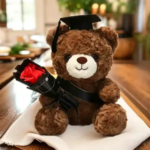 Graduation Season Teddy Bear with Roses Commemorative Gift for Students Cute Plush Toy with a Bouquet Cartoon Doll