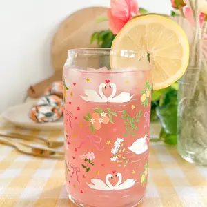 Hart & Flora -Libbey Swan Lake Drinkware Set - 16oz Glass, Acacia Wood Lid, and Straw