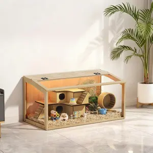 Bingopaw Chew-proof Hamster Cage Indoor Wooden Habitat with Clear Tempered Glass Panel Built-in LED Light Stain Resistant Spacious Design for Pets Enclosure Enclosed