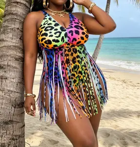 2026 Plus Size Multicolor Leopard Print Fringe Tankini Set - V-Neck Top with Cross-Back Straps and Colorful Fringe Detail, Flattering Two-Piece Swimwear for Beach Vacations & Resort Wear Summer Vibes