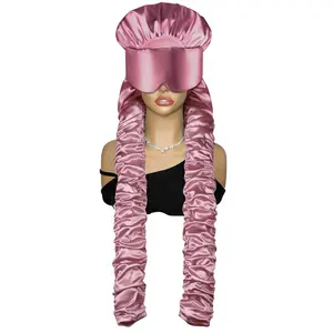 Long Tail Satin Bonnet with Sleep Mask – Silky Stretch Sleep Cap for Braids & Locs, Extra Long Scrunchie Ties, Stay-On Hair Bonnet for Curly & Long Hair Protection