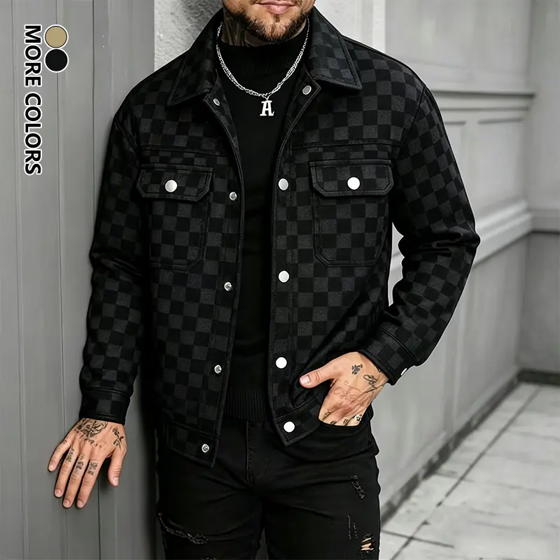 Men’s collared shirt jacket, lightweight, casual, versatile, trendy, high-end workwear, checkered pattern, spring/autumn