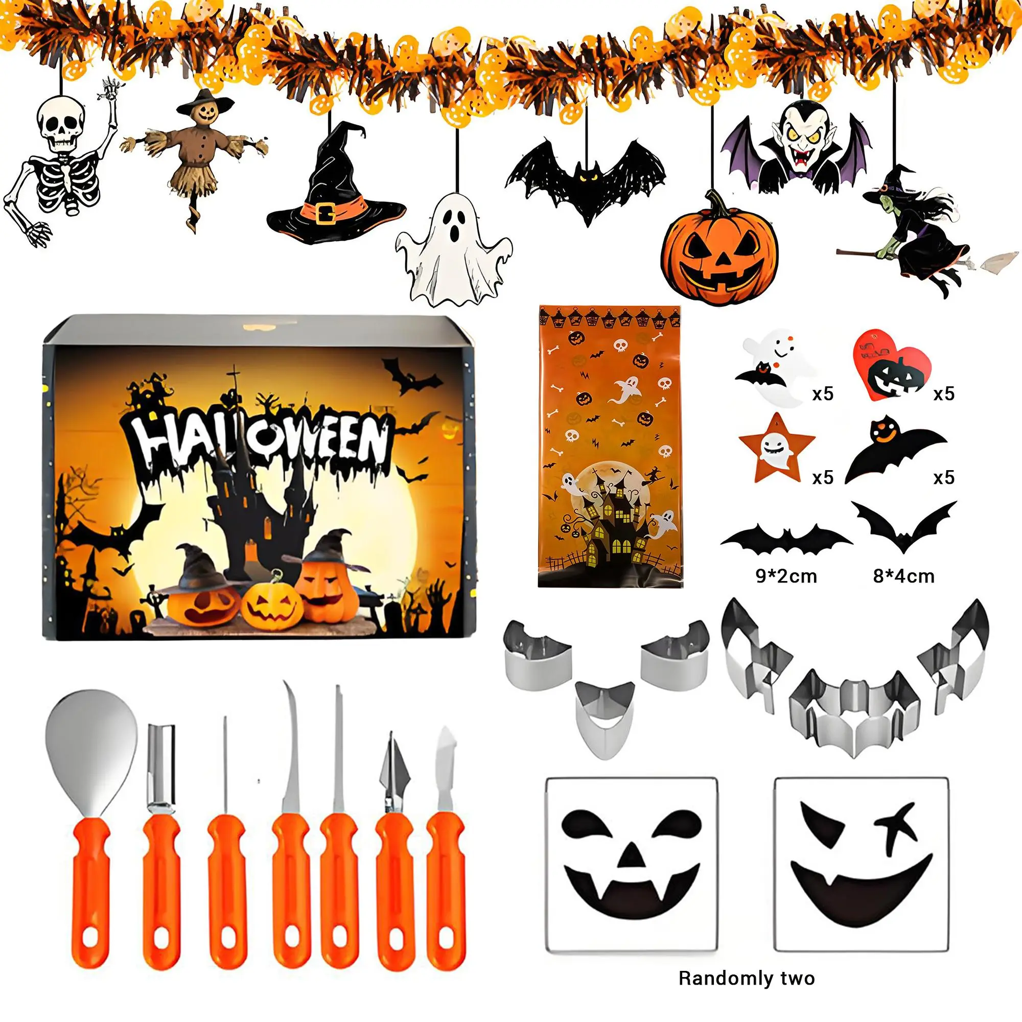 Halloween Pumpkin Carving Kit with 7pcs Safe Carving Tools,2 Metal Pumpkin Molds,Controllable LED Decor Light,Halloween Bat Ghost Paper Cutouts and 20Pcs Trick or Treat Candy Bags,Decorating Kits for Kids & Adults