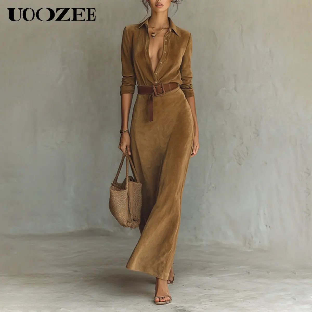 UOOZEE Women's Minimalist Casual Maxi Dress - Elegant Vintage Long Sleeve Collared, Belted High Waist Slim Fit, Soft Polyester Spandex, Button Front, Split-Joint, Going Out Women's Wear