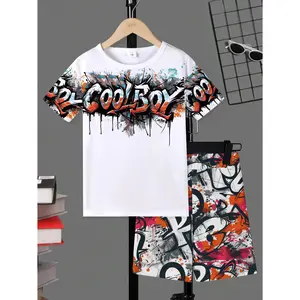 New[2pcs Boys' Graffiti Print Tee & Shorts Set] 2pcs Boys' Cool Graffiti Print T-Shirt and Shorts Set, Casual Polyester Knit with Stretch, Round Neck Tee and Shorts Outfit, Elastic Waistband, Spring/Summer Collection, Sizes 7-15 Years, for Outdoor
