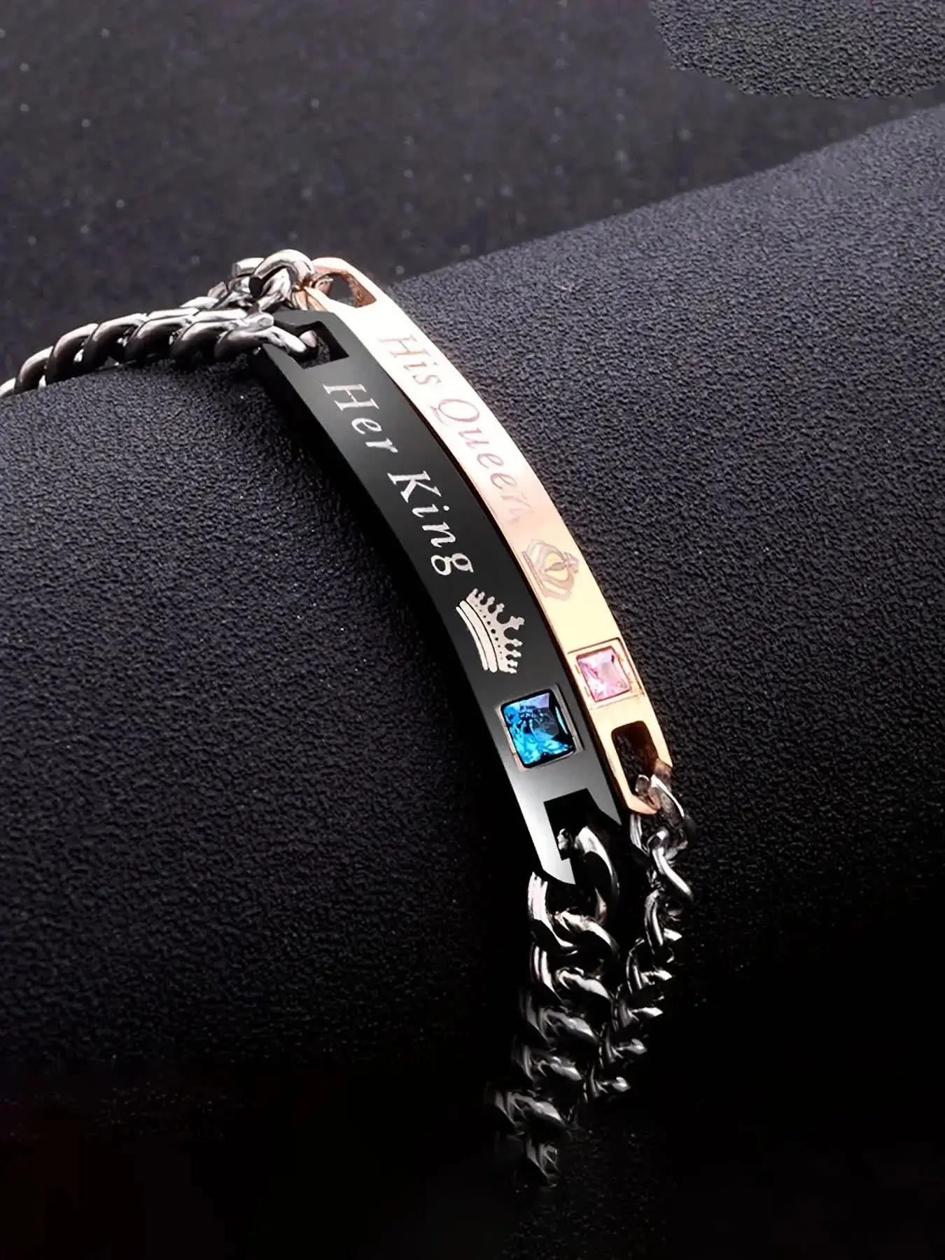 "His Queen, Her King" Couple Bracelets, Durable Bracelet (Set of 2) — Black & Rose Gold Chain-Link Crystal Design. Men's 316L Stainless Steel Chain Inlaid with Cubic Zirconia. The Promise and Anniversary Gift for Boyfriend or Girlfriend.