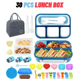 30 Pcs Lunch Box, 1300ML Kids Lunch Box 4 Compartment Durable Leakproof Lunch Containers for Adults with Spoon Fork Bag Accessories, With Lid Tableware