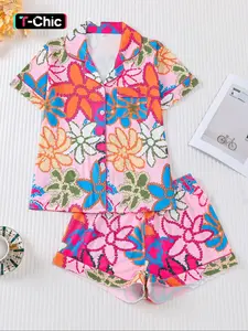 Women's Leopard Print Cherry Bow Sleepwear Pajama Set, Short Sleeve Shirt Collar Button Soft Top & Elastic Shorts, Casual Home Wear