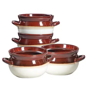 4pcs Ceramic French Onion Soup Bowls Set -  30 Oz Soup Bowls with Handles, Dishwasher Safe, Microwaveable, Oven Heated, Non-Toxic, Lead-Free, Durable, Easy to Clean