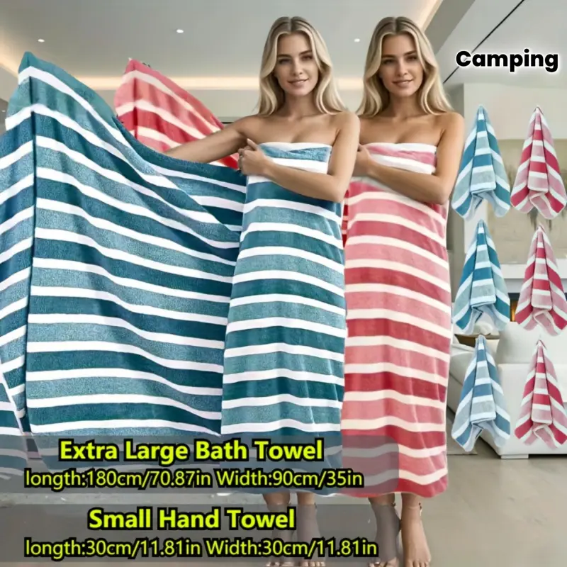8pcs Three-Color Striped Bath Towel Set, 90 x 180cm Large Bath Towels with 2 bath towels & 6 hand towels, Oversized Absorbent, Fluffy Fabric, Soft Quick-Dry, Ideal for Travel, Camping, Spa, Fitness, Bathroom Towel Set, Bath Cloths