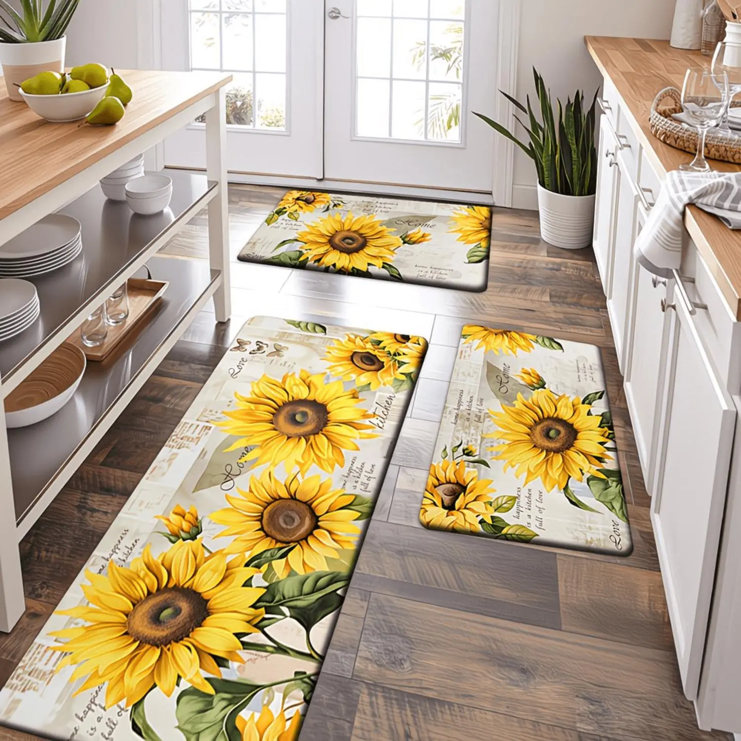 Kitchen Mat Set Sunflower Pattern | Home Happiness Design Non Slip Backing Soft Floor Mat for Living Room Bedroom Kitchen Dining Room Entryway Bathroom Laundry Room Home Decor Suitable for Spring and Summer Use Polyester Machine Wash No Frills Around