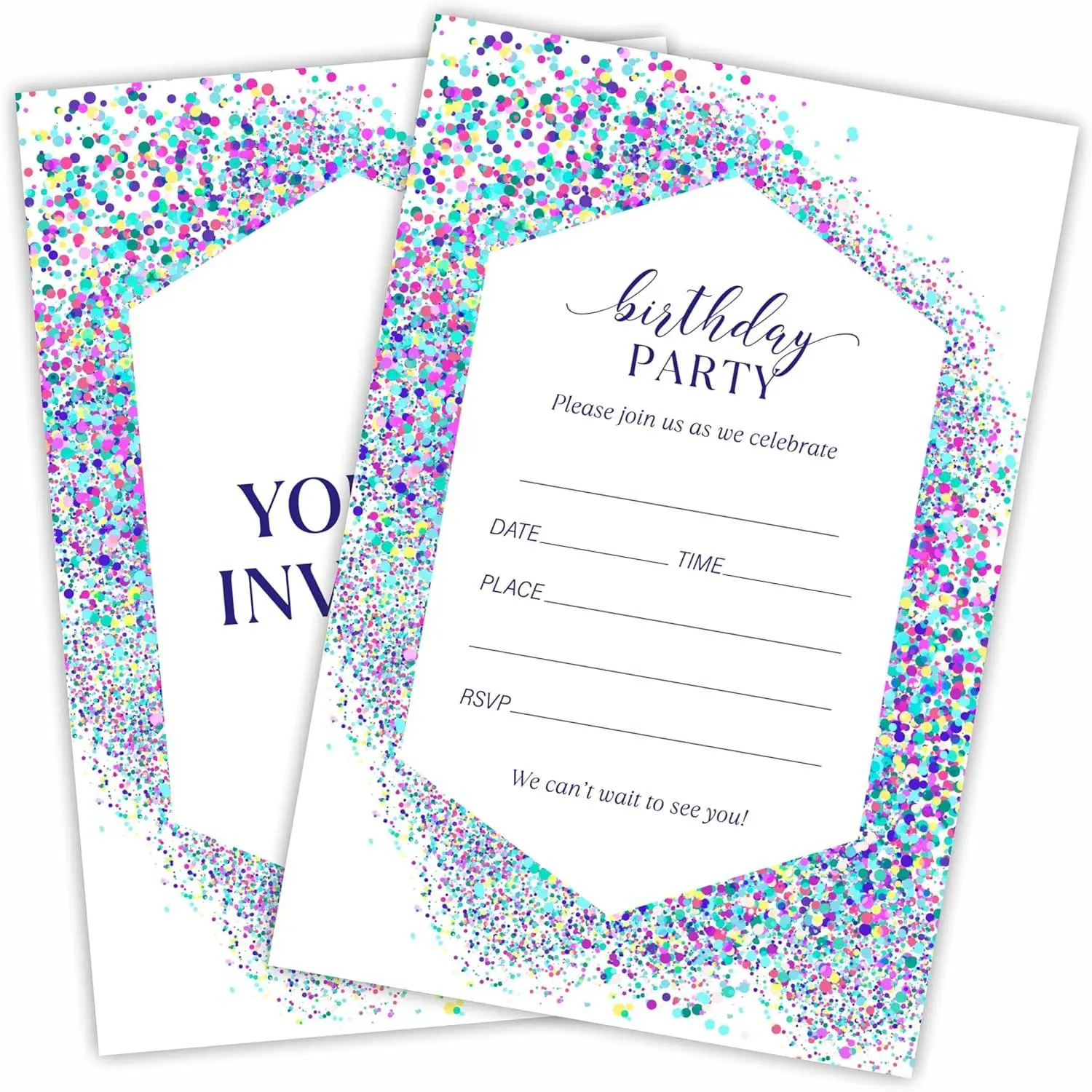 20Pcs Double-Sided Fill-In Geometric Confetti Birthday Invitation Cards With Envelopes, Boys & Girls Birthday Decoration Party Favor Supplies (A23)