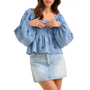 Women's Long Sleeves Blouse Square Neck Smocked Waist Floral Embroidered Casual Crop Top