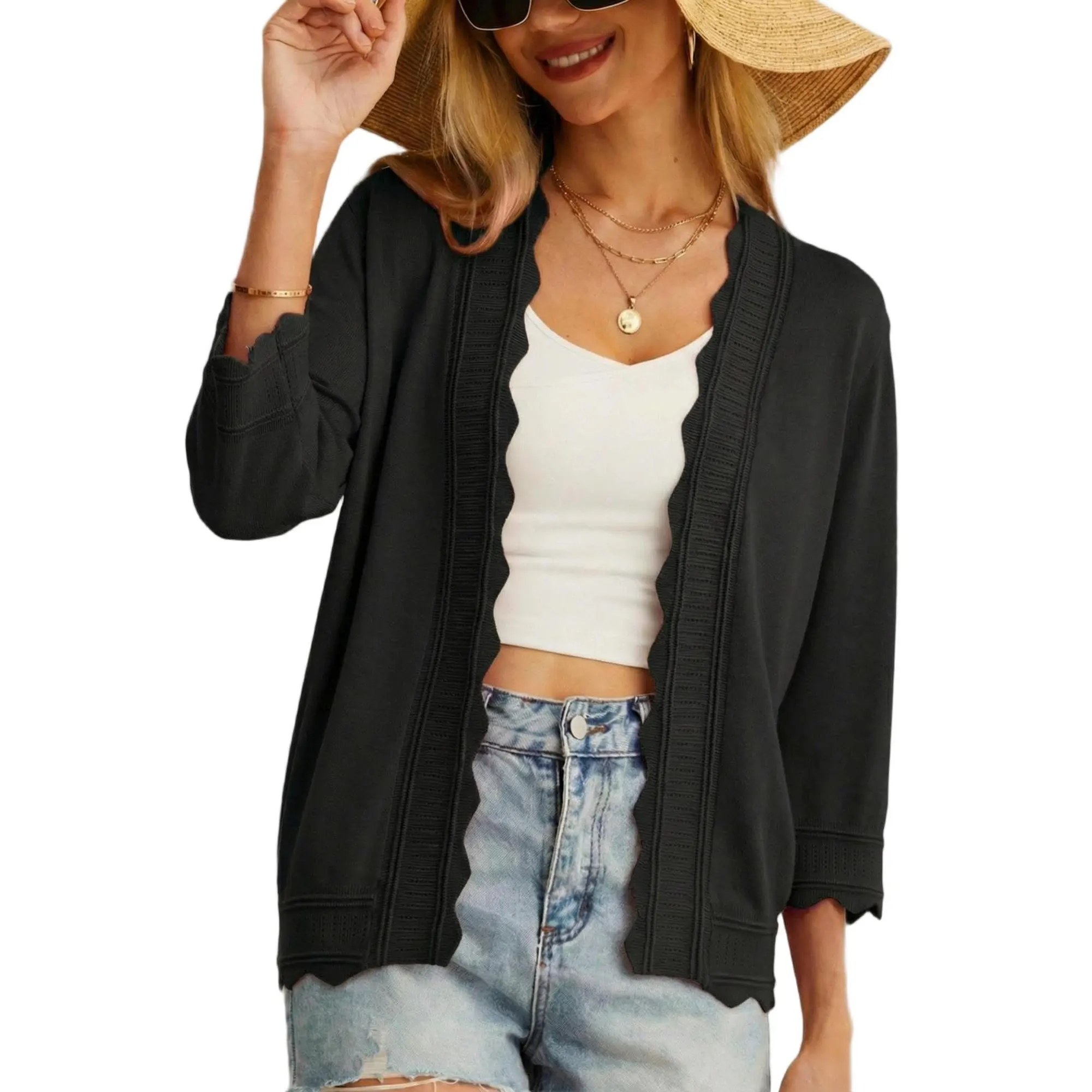 GRECERELLE Women Lightweight Summer Cardigan 3/4 Sleeve Open Front Scalloped Trim Knit Sweater Soft Cropped Bolero Shrug