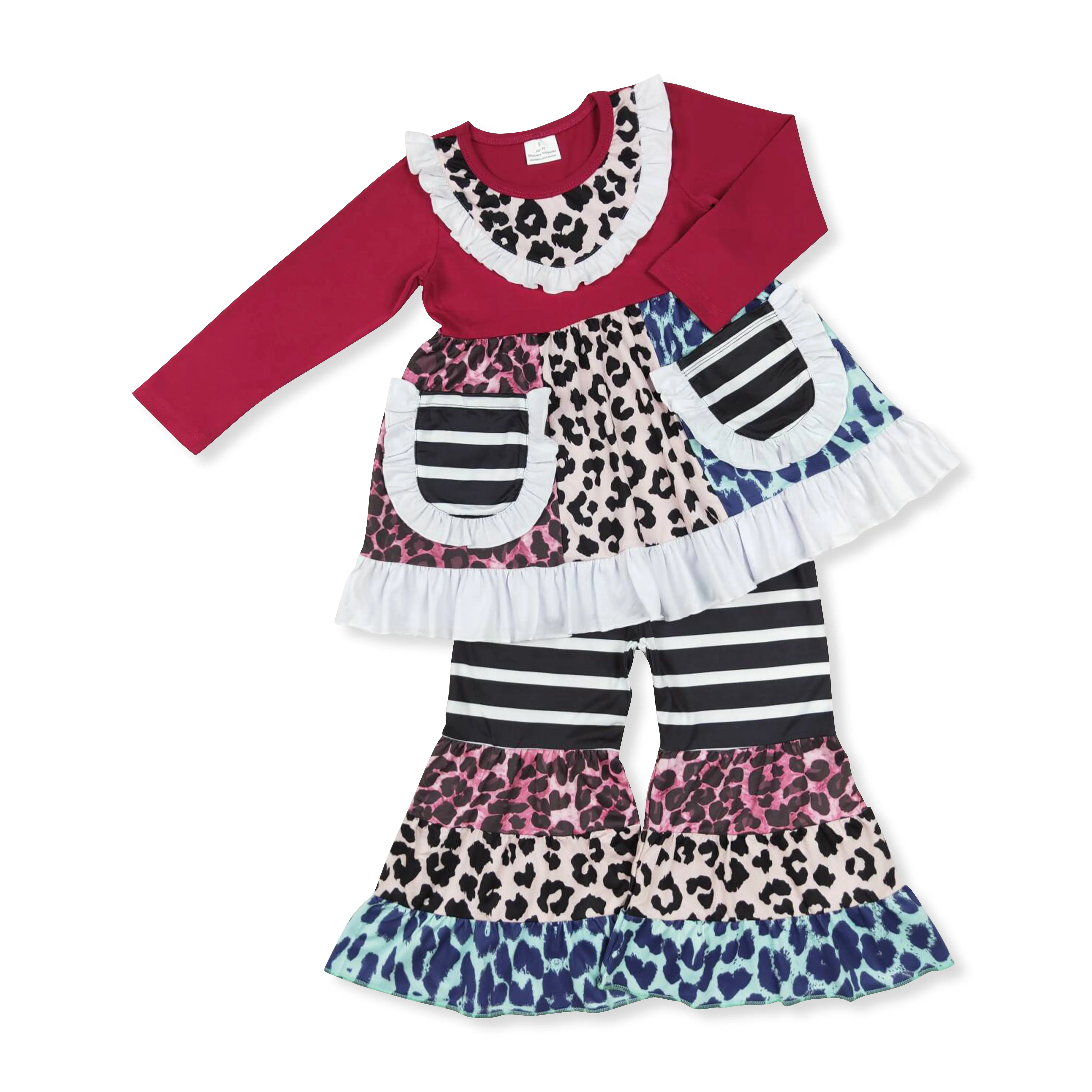 Girls' Fall Leopard Print Bell Pants Casual Fashion Set with Pocket
