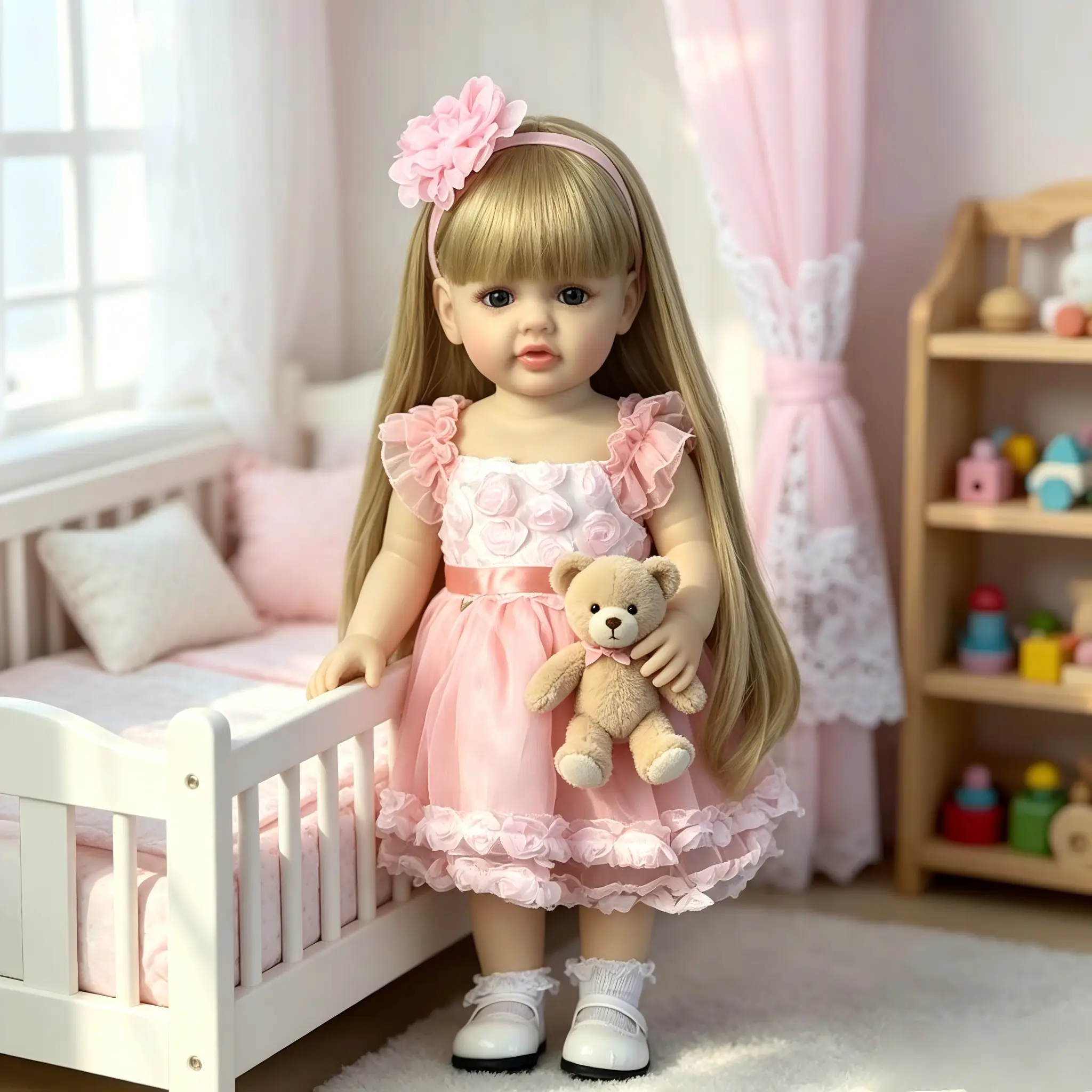 22-Inch Full Vinyl Lifelike Reborn Newborn Baby Doll - Blonde Hair, Blue Eyes Girl Figure, Gauze Skirt, Cute Clothes, Dress Up Option, Collectible for Kids, Ideal Birthday Gift, Cute Clothes Dolls, Dress Up Dolls