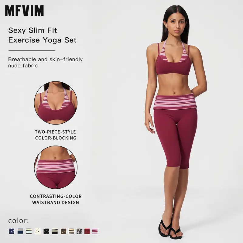 MFVIM Women’s breathable striped “naked feel” activewear set — two piece yoga/fitness outfit featuring a halter neck, V neck top, high waisted tummy control, and 7/8 length leggings.,back to school,back to school haul