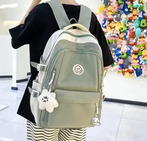 Casual Neutral Green Backpack with Smiley Patch