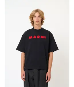 MARNI Black cotton T-shirt with mohair patches Mens Apparel