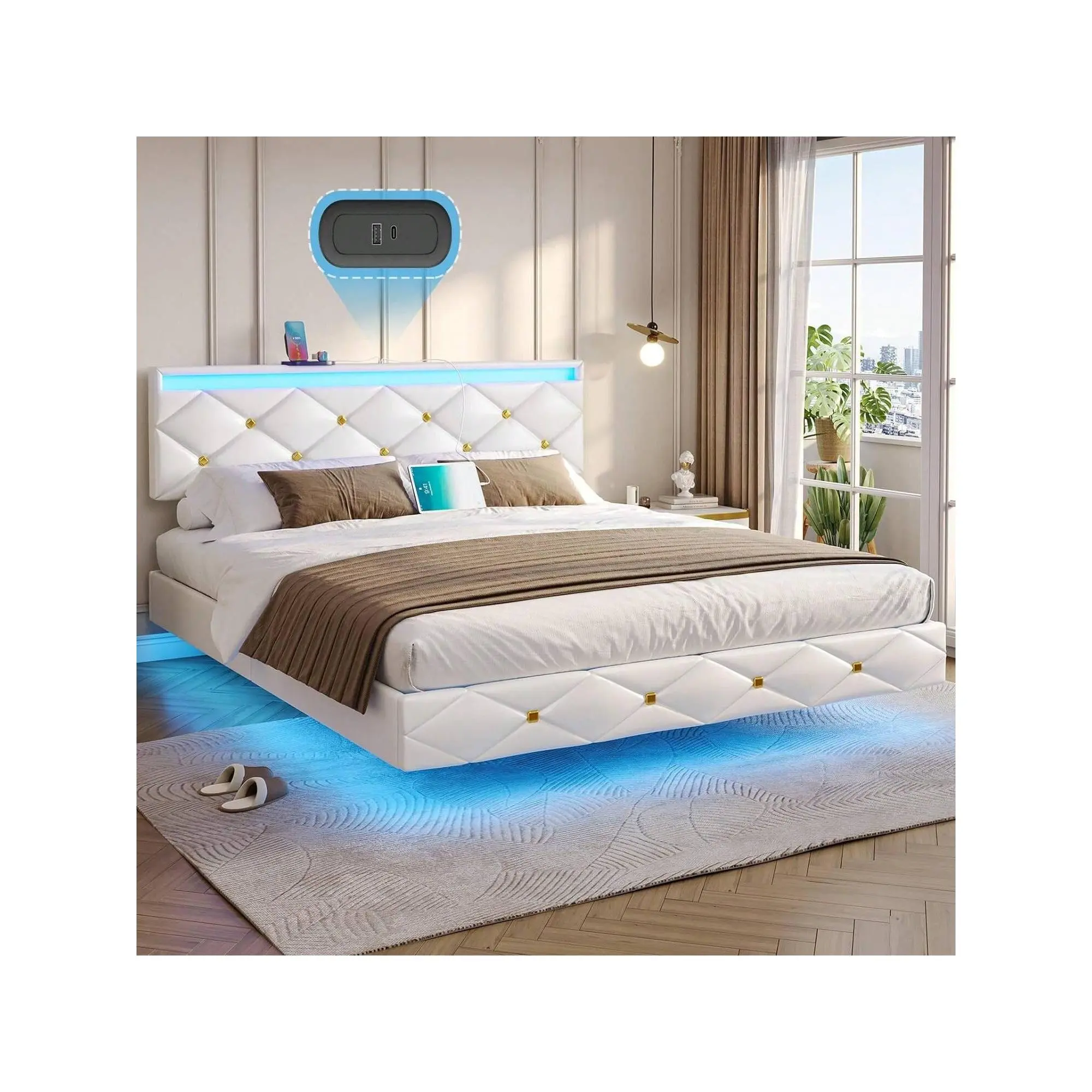Queen Floating Bed Frame With Charging Station, Upholstered Platform Bed Frame With LED Lights And Adjustable Headboard, White