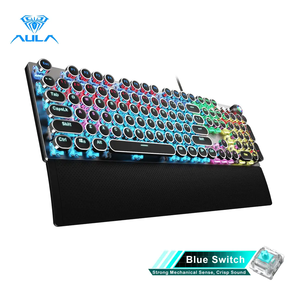AULA F2088 Full Size Wired Transparent Durable Ergonomic Multifunctional Mechanical Gaming Keyboard - Typewriter Style, Blue Switches, Rainbow LED Backlit, Removable Wrist Pad, Media Control Knob, Retro Punk Round Keycaps, USB-A Computer Keyboard, Durable