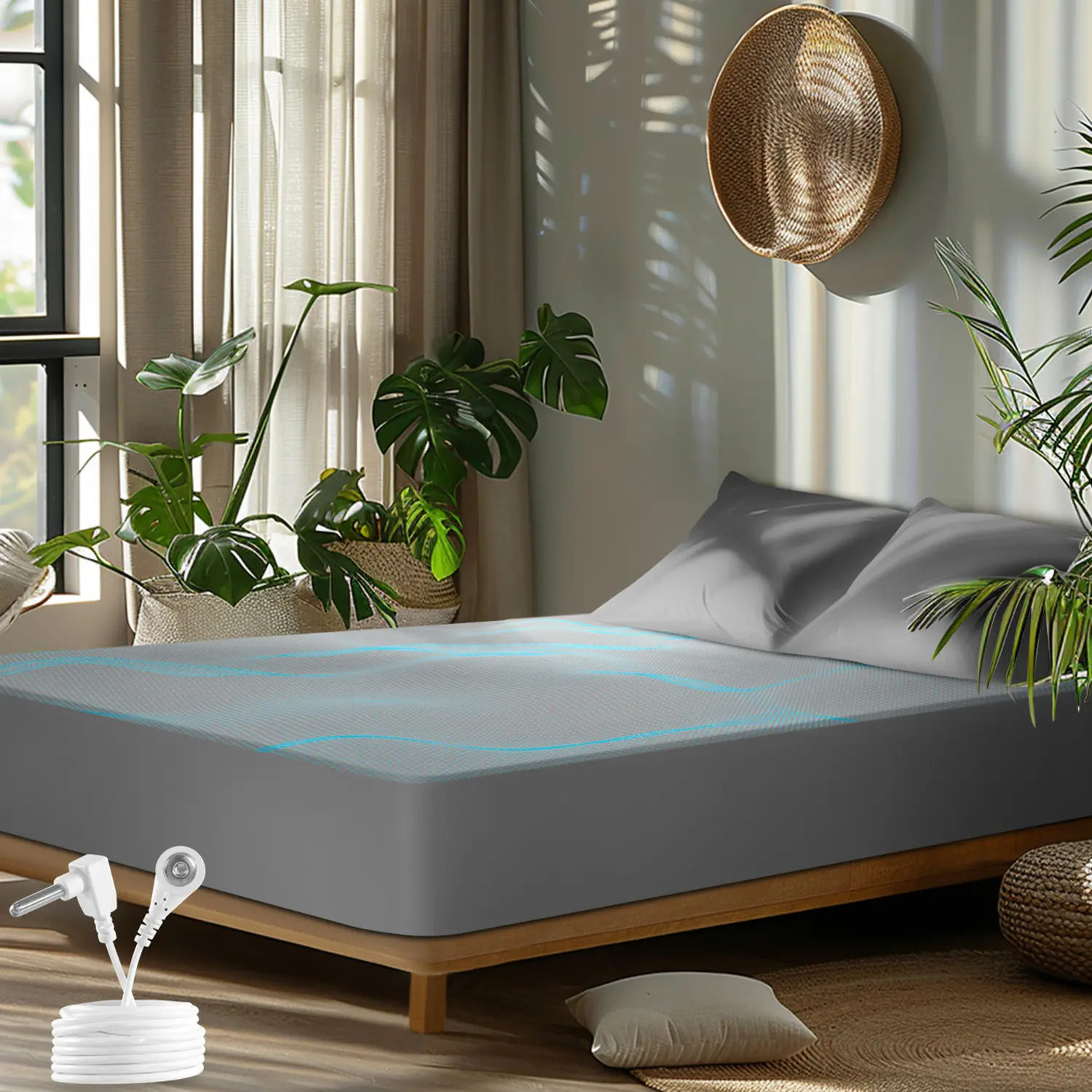 Grounding Sheet ,6% Pure Silver Fiber 94% Cotton Connected Earth Energy, Grounding Bed Sheets 18" Deep Pocket with Grounding Cord Enhances Energy and Well-Being, Grey