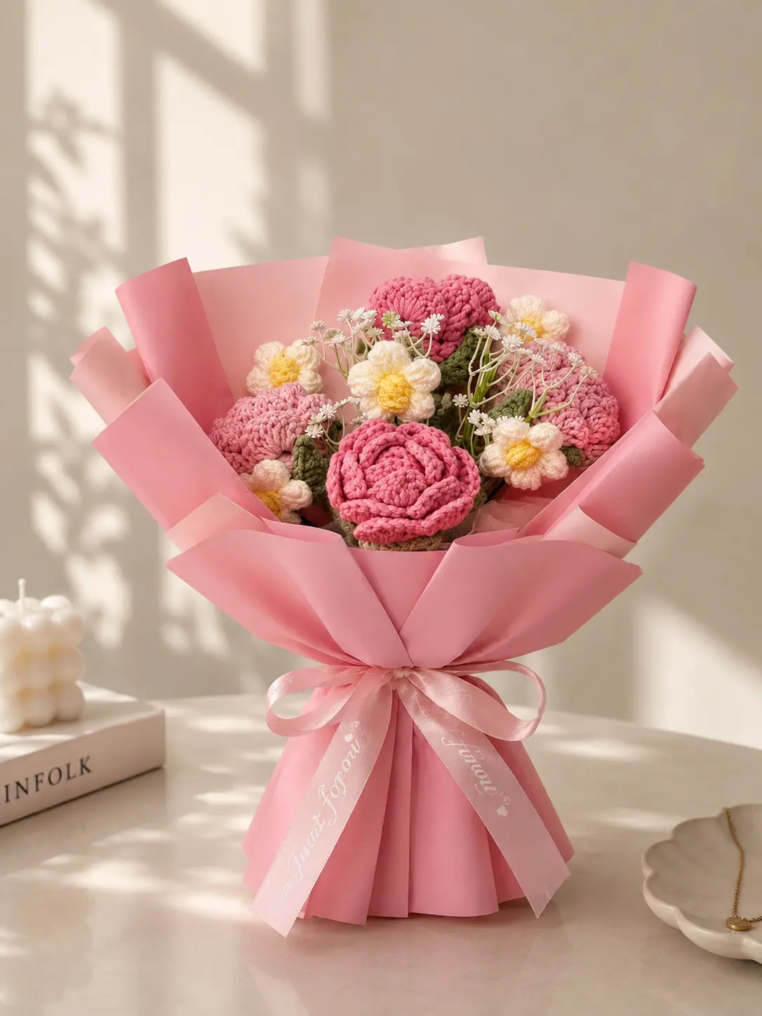 Handmade Pink Crochet Rose Bouquet with Gift Wrap - Forever Flower Gift for Her , Birthday , Graduation & Anniversary