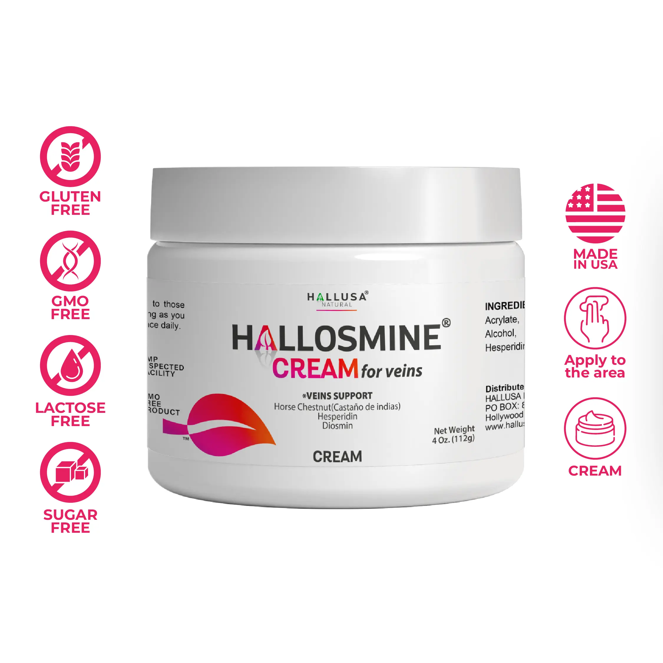 HALLOSMINE Topical Supplement Cream Support for Varicose Veins & Circulation with Diosmin, Aloe Vera & Horse Chestnut 4 oz – Hallusa Natural