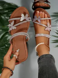Women's Colorful Rhinestone Bow Multi-Strap Sandals, Glitter Dress Sandals, Flat Convertible Summer Fall Slides, Perfect for Dating Party Home Casual Wear Footwear