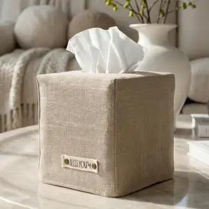 Stylish Beige Linen Tissue Box Cover Instantly Covers Square Tissue Boxes, Perfect Cube Cover for Bathroom and Home